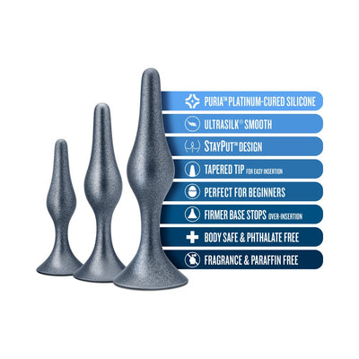 Three silver anal plugs in small, medium, and large sizes with key features listed beside them.