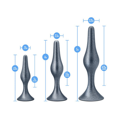 Three silver anal plugs in small, medium, and large sizes with measurements and tapered tips for easy insertion.