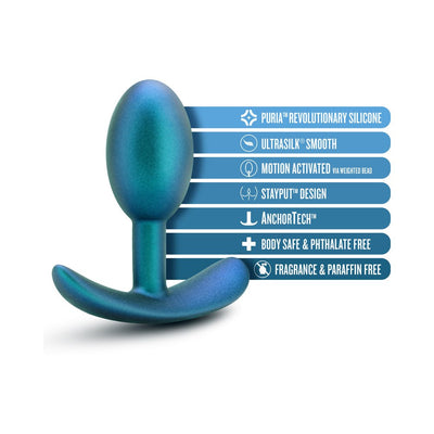 Turquoise anal plug with curved base and motion-activated weighted bead, made from smooth, body-safe Puria silicone.