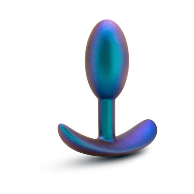 Turquoise metallic anal plug with curved base and smooth, rounded tip on white background.