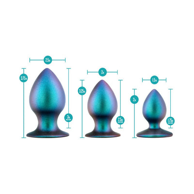 Three iridescent anal plugs in small, medium, and large sizes with measurement indicators on a white background.