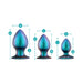 Three iridescent anal plugs in small, medium, and large sizes with measurement indicators on a white background.