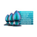 Set of three iridescent blue-green anal plugs in small, medium, and large sizes with key feature icons on the side.