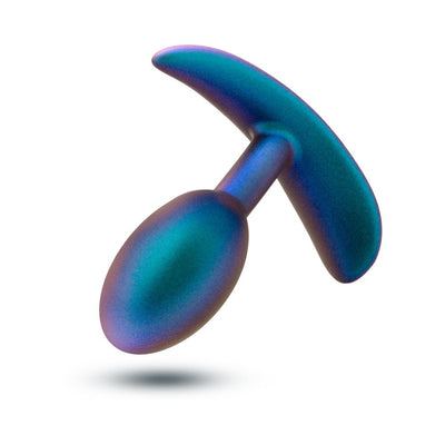 Turquoise metallic-finish anal plug with a curved T-shaped base and smooth, rounded tip.