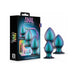 Set of three iridescent blue-green anal plugs in small, medium, and large sizes with sleek packaging.