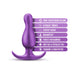 Purple anal plug with curved base highlighting Puria silicone, UltraSilk smooth, StayPut design, AnchorTech, beginner-friendly, and body-safe features.