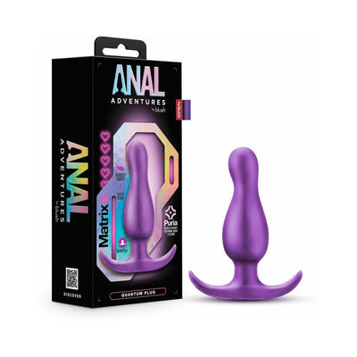 Purple Anal Adventures Matrix Quantum Plug with curved base next to its black and iridescent packaging box.