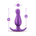Purple anal plug with curved shape and flared base, measuring 3.5 inches long and 1 inch wide, designed for comfortable wear.