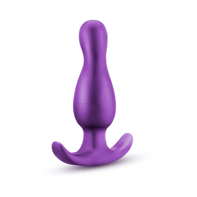Purple anal plug with curved base and smooth, rounded design for comfortable and secure wear.