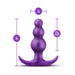 Purple anal plug with three graduated beads and curved flared base, measuring 3 inches long and 1 inch wide.