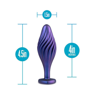 Purple swirl textured anal plug with 4-inch insertable length and 1.5-inch width, featuring a flat base.