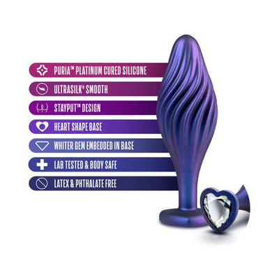 Purple swirl textured anal plug with heart-shaped base and clear gem, made from body-safe platinum cured silicone.