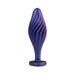 Purple and blue swirl textured anal plug with a flat base and tapered tip for comfortable use.