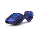 Blue and purple swirl textured anal plug with heart-shaped base and jewel accent, designed for comfort and secure fit.
