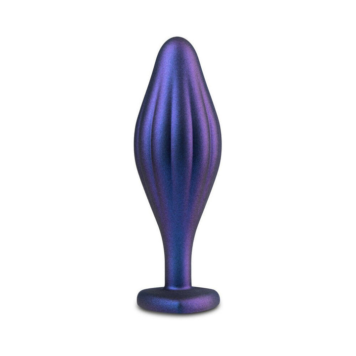Sleek sapphire blue wavy textured anal plug with tapered tip and flat base for secure, comfortable wear.
