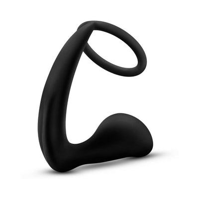 Black silicone cock ring plug with ergonomic design and smooth finish for enhanced prostate stimulation and endurance.