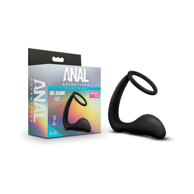 Black silicone cock ring plug with ergonomic design next to its Anal Adventures Platinum packaging box.
