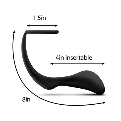 Black silicone cock ring plug with curved design and dimensions labeled for length and width.