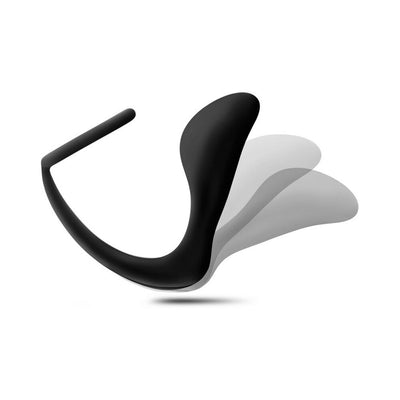 Black silicone cock ring plug with flexible, curved design shown in motion illustration on white background.