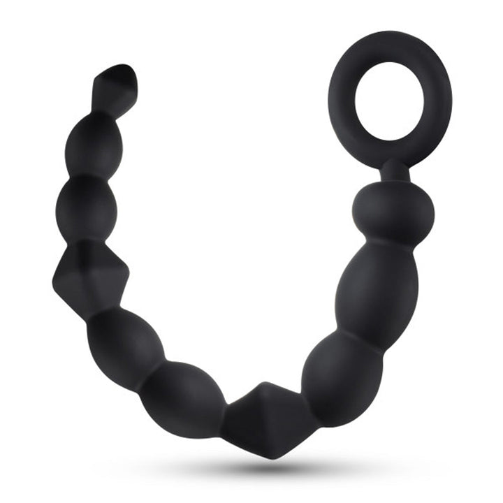 Black silicone beginner anal beads with alternating round and diamond shapes and a pull ring handle.
