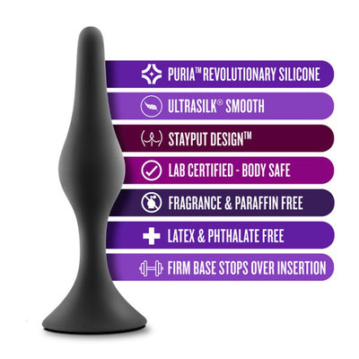 Black silicone beginner plug with firm base, highlighting Puria silicone, ultrasilk smooth, stayput design, and body-safe features.