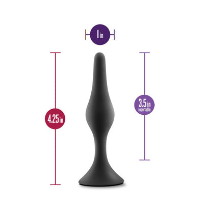 Black silicone beginner anal plug with tapered tip and flared base, 4.25 inches long and 1 inch wide.