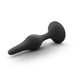 Black silicone medium-sized beginner anal plug with tapered tip and flared base on white background.