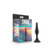 Medium black silicone beginner plug with tapered tip and flared base next to colorful Anal Adventures Platinum packaging.