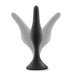 Black silicone beginner anal plug with tapered tip and flared base shown with motion effect on white background.
