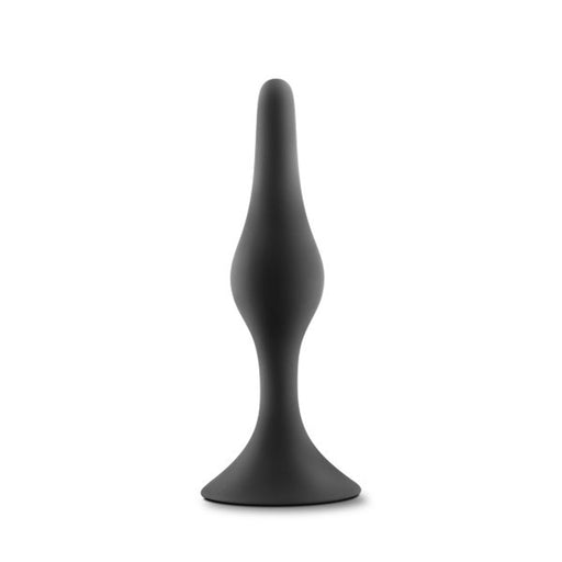 Small black silicone beginner anal plug with tapered tip and flared base, standing upright on a white background.