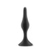 Small black silicone beginner anal plug with tapered tip and flared base, standing upright on a white background.