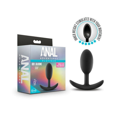 Blush Anal Adventures Platinum Silicone Vibra Slim Plug Medium in black with packaging showing product features and inner weight stimulation design.