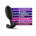 Black silicone slim anal plug with curved base, highlighting features like platinum cured silicone, satin smooth texture, wearable design, and body-safe certification.