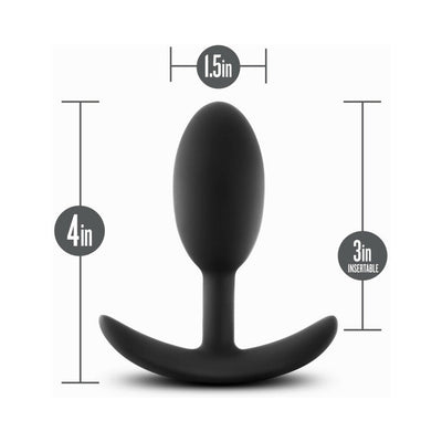 Black silicone slim anal plug with curved base, measuring 4 inches long and 1.5 inches wide, with 3 inches insertable length.