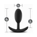 Black silicone slim anal plug with curved base, measuring 4 inches long and 1.5 inches wide, with 3 inches insertable length.