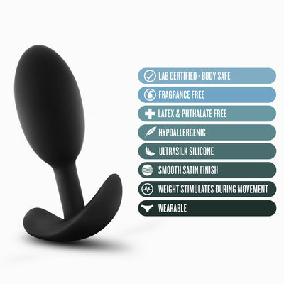 Black silicone slim anal plug with curved base and feature icons highlighting body-safe, hypoallergenic, fragrance-free, and wearable design.