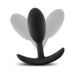 Black silicone slim anal plug with curved base shown with motion shadows on white background.