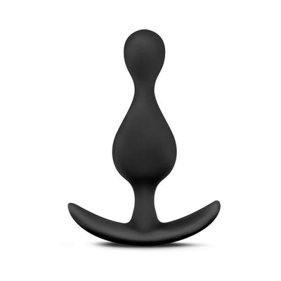 Black silicone anal plug with a smooth, curved design and a wide, ergonomic base for comfortable wear.
