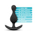 Black silicone anal plug with ergonomic curved base and smooth, flexible design, highlighting key features in blue text.
