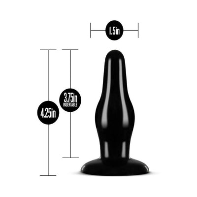 Black tapered anal plug with wide base, 4.25 inches long and 1.5 inches wide, designed for comfortable insertion and use.