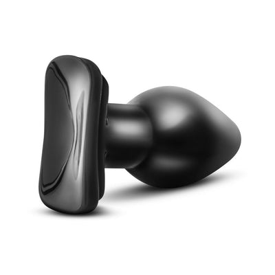 Black tapered anal plug with wide base, designed for comfort and stretching, shown on white background.