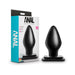 Black XL tapered anal plug with a wide base next to its blue and white Anal Adventures packaging box.