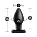 Black tapered anal plug with flared base, measuring 5.25 inches tall and 2 inches wide, designed for comfortable stretching.