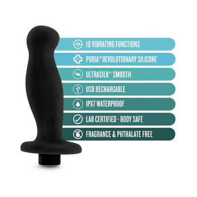 Black silicone prostate massager with 10 vibration settings and features like USB rechargeable, waterproof, and body-safe materials.