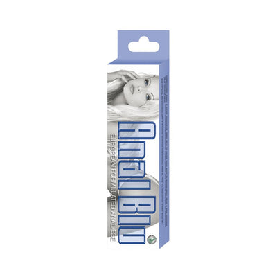 Packaging of Anal Blu Small desensitizing lubricant featuring a blue and white design with a grayscale image of a woman on the front.