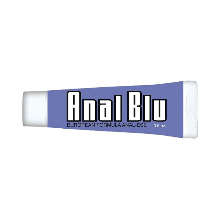 Tube of Anal Blu desensitizing lubricant in a compact 0.5 oz size with blue packaging and white cap.