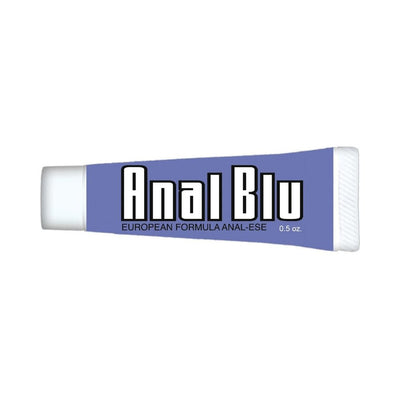 Tube of Anal Blu desensitizing lubricant in a compact 0.5 oz size with blue packaging and white cap.
