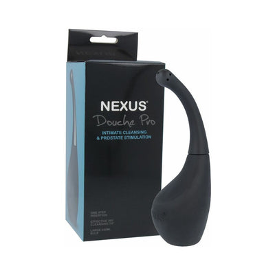Black Nexus Douche Pro anal douche with curved prostate nozzle next to its black and blue packaging box.
