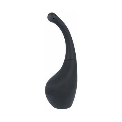 Black anal douche with curved prostate nozzle and ergonomic bulb for comfortable deep cleaning.