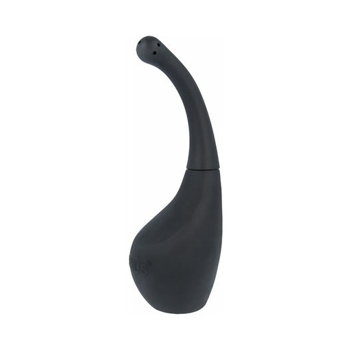 Black anal douche with curved prostate nozzle and ergonomic bulb for comfortable deep cleaning.